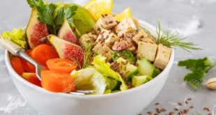 buddha bowl, vegan lunch, tofu fruit vegetables salad.
