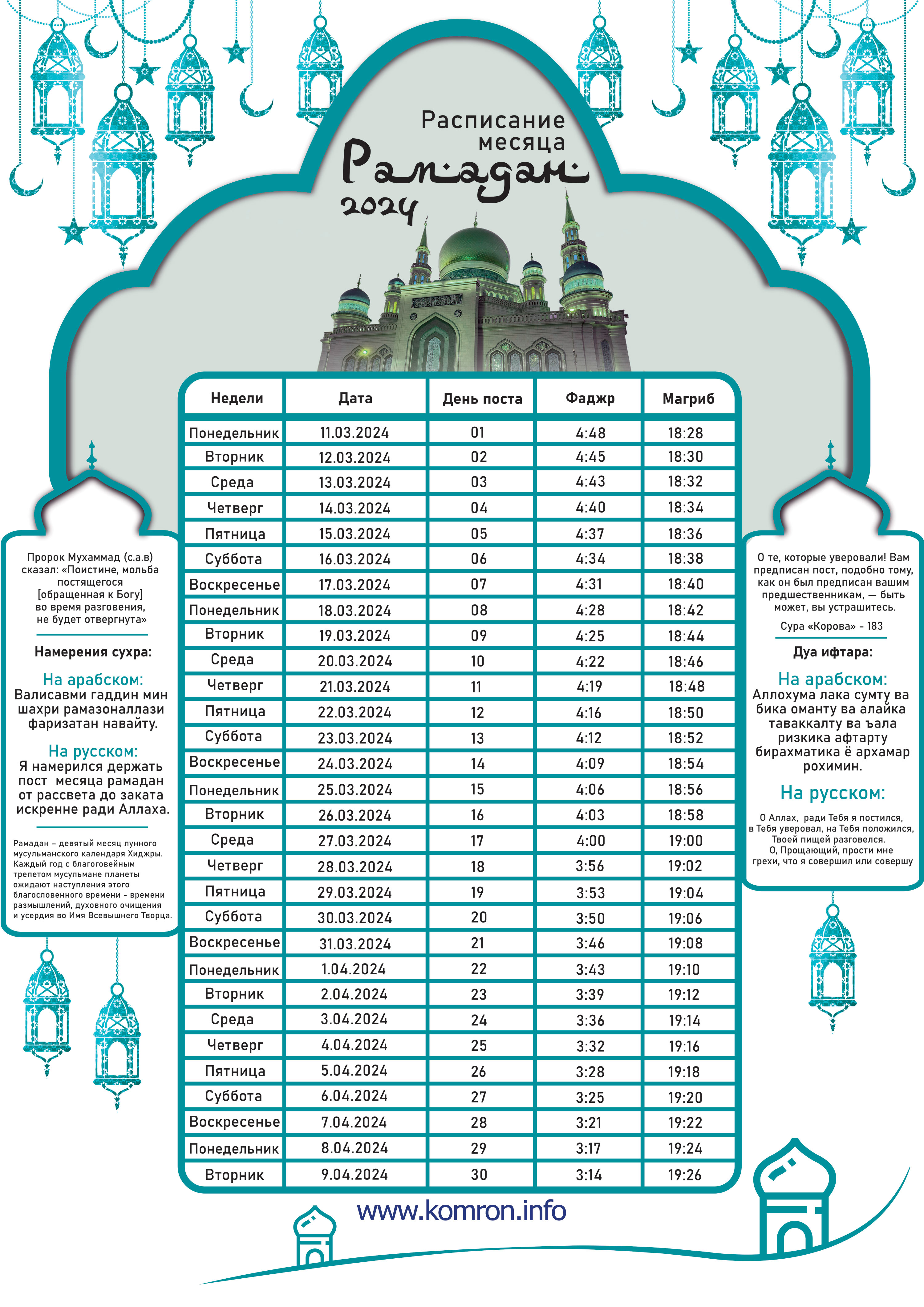 Время намаза, сухура и ифтара на Рамадан 2024 Москва календарь